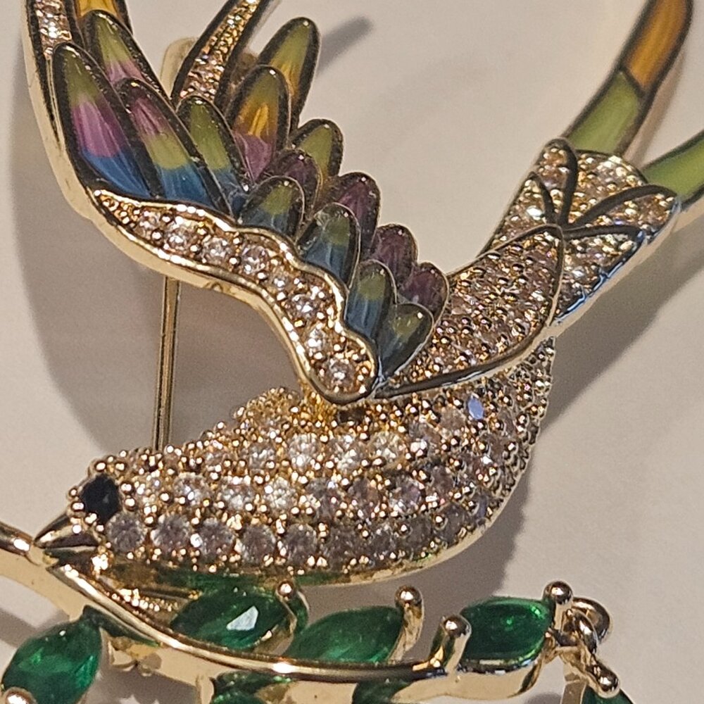 Estate Art Nouveau French Plique a Jour Colorful Bird Swallow Gold Brooch Pin 3" - Picture 5 of 6